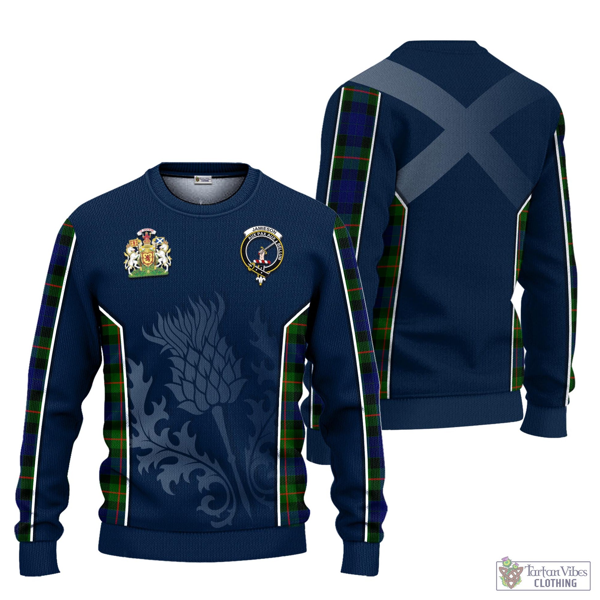 Jamieson Tartan Knitted Sweatshirt with Family Crest and Scottish Thistle Vibes Sport Style Unisex - Tartan Vibes Clothing