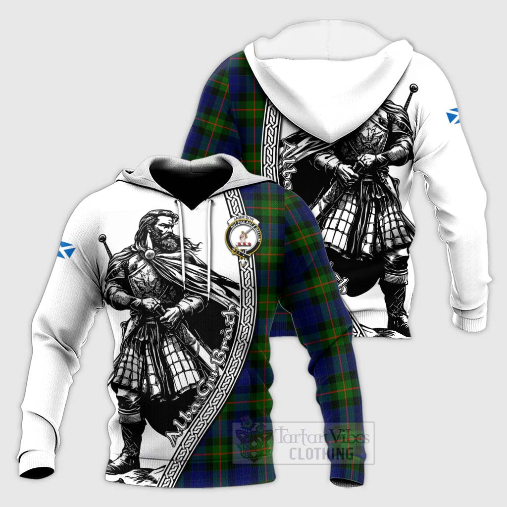 Jamieson Tartan Clan Crest Knitted Hoodie with Highlander Warrior Celtic Style Unisex Knitted Pullover Hoodie - Tartan Vibes Clothing