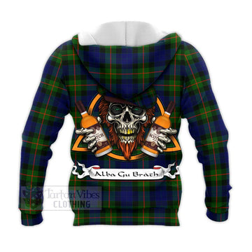 Jamieson Tartan Knitted Hoodie with Family Crest and Bearded Skull Holding Bottles of Whiskey - Tartan Vibes Clothing