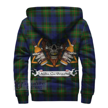 Jamieson Tartan Sherpa Hoodie with Family Crest and Bearded Skull Holding Bottles of Whiskey - Tartan Vibes Clothing