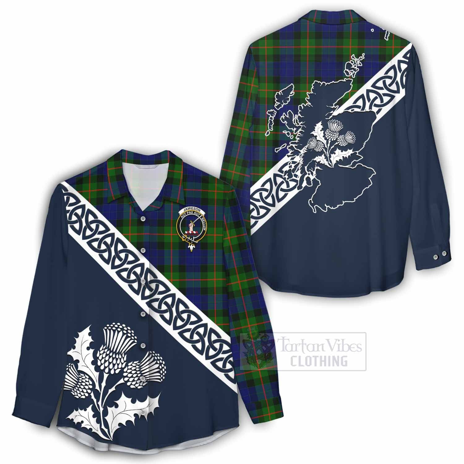 Jamieson Tartan Women's Casual Shirt Featuring Thistle and Scotland Map - Tartan Vibes Clothing