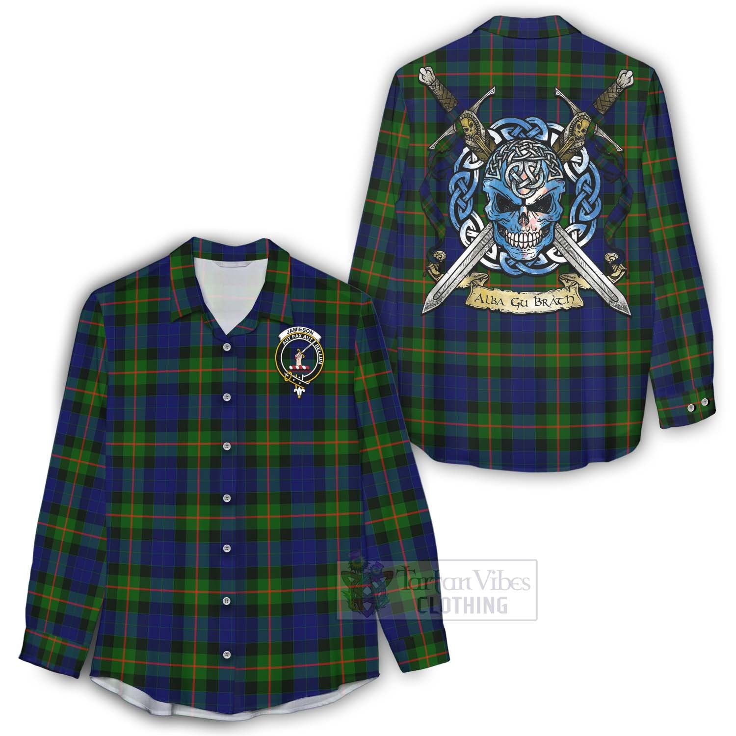 Jamieson Tartan Women's Casual Shirt with Family Crest Celtic Skull Style - Tartan Vibes Clothing
