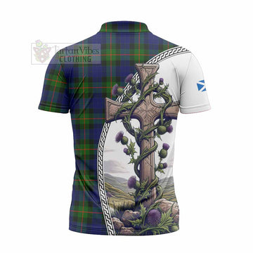 Jamieson Tartan Zipper Polo Shirt with Family Crest and St. Andrew's Cross Accented by Thistle Vines - Tartan Vibes Clothing