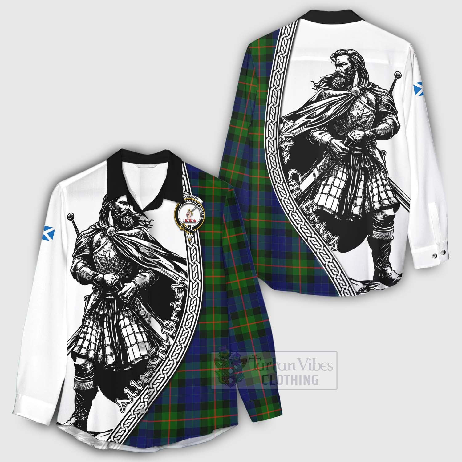 Jamieson Tartan Clan Crest Women's Casual Shirt with Highlander Warrior Celtic Style - Tartan Vibes Clothing