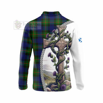 Jamieson Tartan Long Sleeve Polo Shirt with Family Crest and St. Andrew's Cross Accented by Thistle Vines - Tartan Vibes Clothing