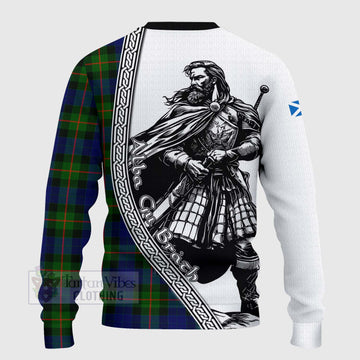 Jamieson Tartan Clan Crest Knitted Sweater with Highlander Warrior Celtic Style - Tartan Vibes Clothing