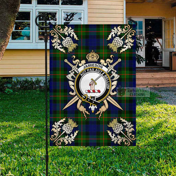 Tartan Vibes Clothing Jamieson Tartan Flag with Family Crest and Golden Thistle Crossed Sword Design