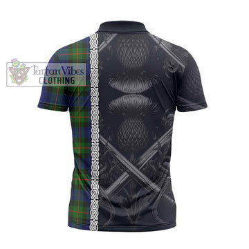 Jamieson Tartan Zipper Polo Shirt with Family Crest Cross Sword Thistle Celtic Vibes - Tartan Vibes Clothing