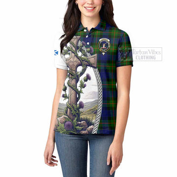 Jamieson Tartan Women's Polo Shirt with Family Crest and St. Andrew's Cross Accented by Thistle Vines - Tartan Vibes Clothing