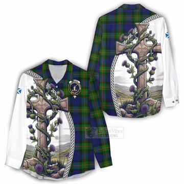 Jamieson Tartan Women's Casual Shirt with Family Crest and St. Andrew's Cross Accented by Thistle Vines - Tartan Vibes Clothing