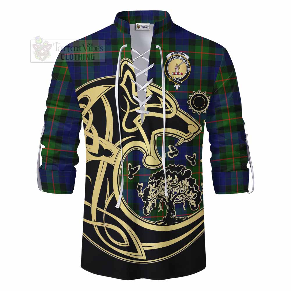 Jamieson Tartan Ghillie Kilt Shirt with Family Crest Celtic Wolf Style - Tartan Vibes Clothing
