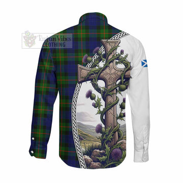Jamieson Tartan Long Sleeve Button Shirt with Family Crest and St. Andrew's Cross Accented by Thistle Vines Men's Shirt - Tartan Vibes Clothing