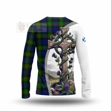 Jamieson Tartan Long Sleeve T-Shirt with Family Crest and St. Andrew's Cross Accented by Thistle Vines - Tartan Vibes Clothing