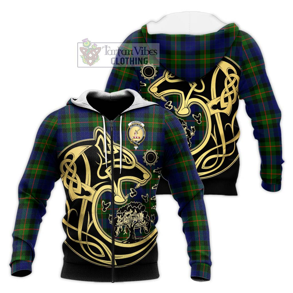 Jamieson Tartan Knitted Hoodie with Family Crest Celtic Wolf Style Unisex Knitted Zip Hoodie - Tartan Vibes Clothing