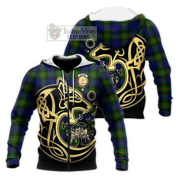 Jamieson Tartan Knitted Hoodie with Family Crest Celtic Wolf Style Unisex Knitted Zip Hoodie - Tartan Vibes Clothing