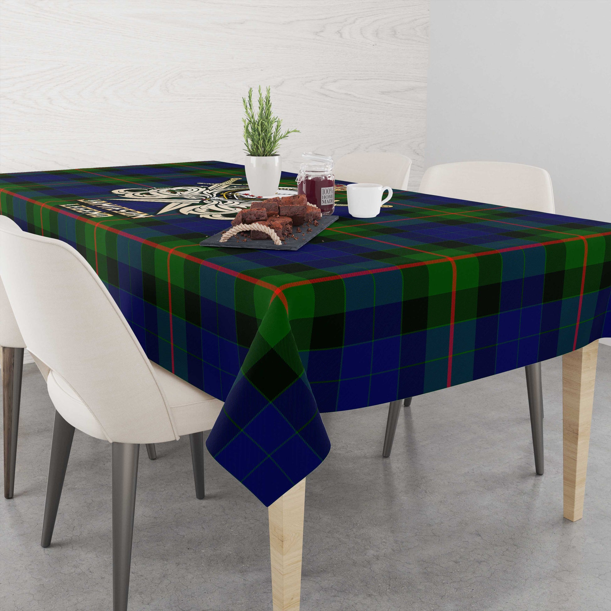 Tartan Vibes Clothing Jamieson Tartan Tablecloth with Clan Crest and the Golden Sword of Courageous Legacy