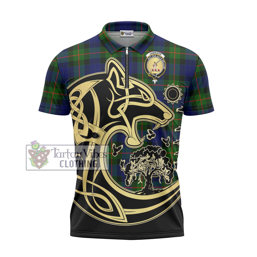 Jamieson Tartan Zipper Polo Shirt with Family Crest Celtic Wolf Style - Tartan Vibes Clothing