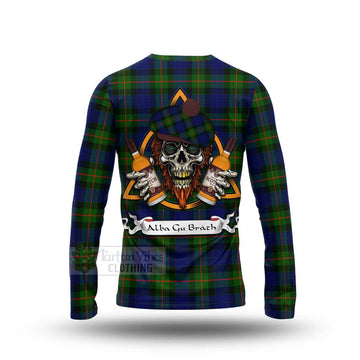 Jamieson Tartan Long Sleeve T-Shirt with Family Crest and Bearded Skull Holding Bottles of Whiskey - Tartan Vibes Clothing