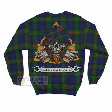 Jamieson Tartan Sweatshirt with Family Crest and Bearded Skull Holding Bottles of Whiskey - Tartan Vibes Clothing