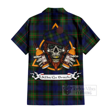 Jamieson Tartan Hawaiian Shirt with Family Crest and Bearded Skull Holding Bottles of Whiskey - Tartan Vibes Clothing