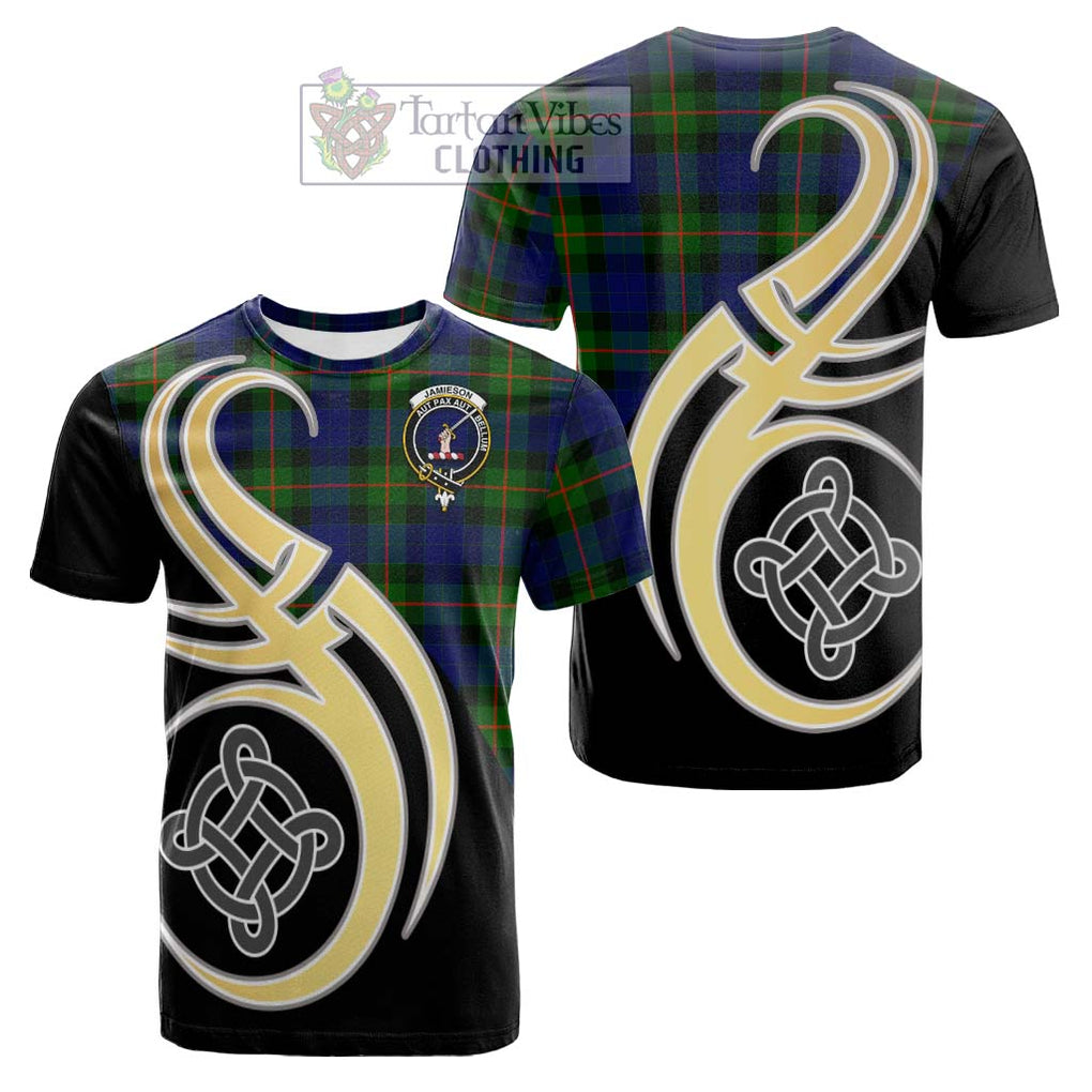 Tartan Vibes Clothing Jamieson Tartan Cotton T-shirt with Family Crest and Celtic Symbol Style