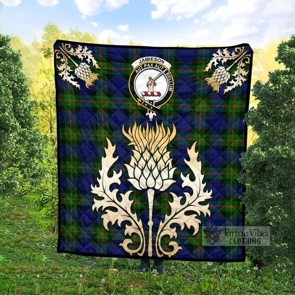 Tartan Vibes Clothing Jamieson Tartan Quilt with Family Crest and Golden Thistle Style