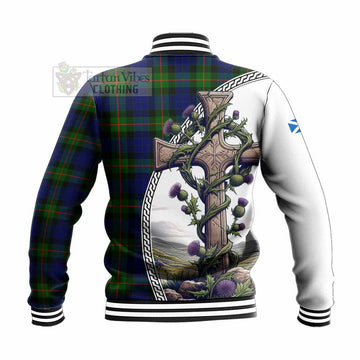 Jamieson Tartan Baseball Jacket with Family Crest and St. Andrew's Cross Accented by Thistle Vines - Tartan Vibes Clothing