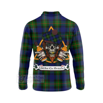 Jamieson Tartan Long Sleeve Polo Shirt with Family Crest and Bearded Skull Holding Bottles of Whiskey - Tartan Vibes Clothing