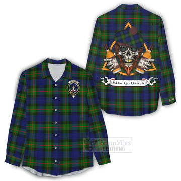 Jamieson Tartan Women's Casual Shirt with Family Crest and Bearded Skull Holding Bottles of Whiskey - Tartan Vibes Clothing