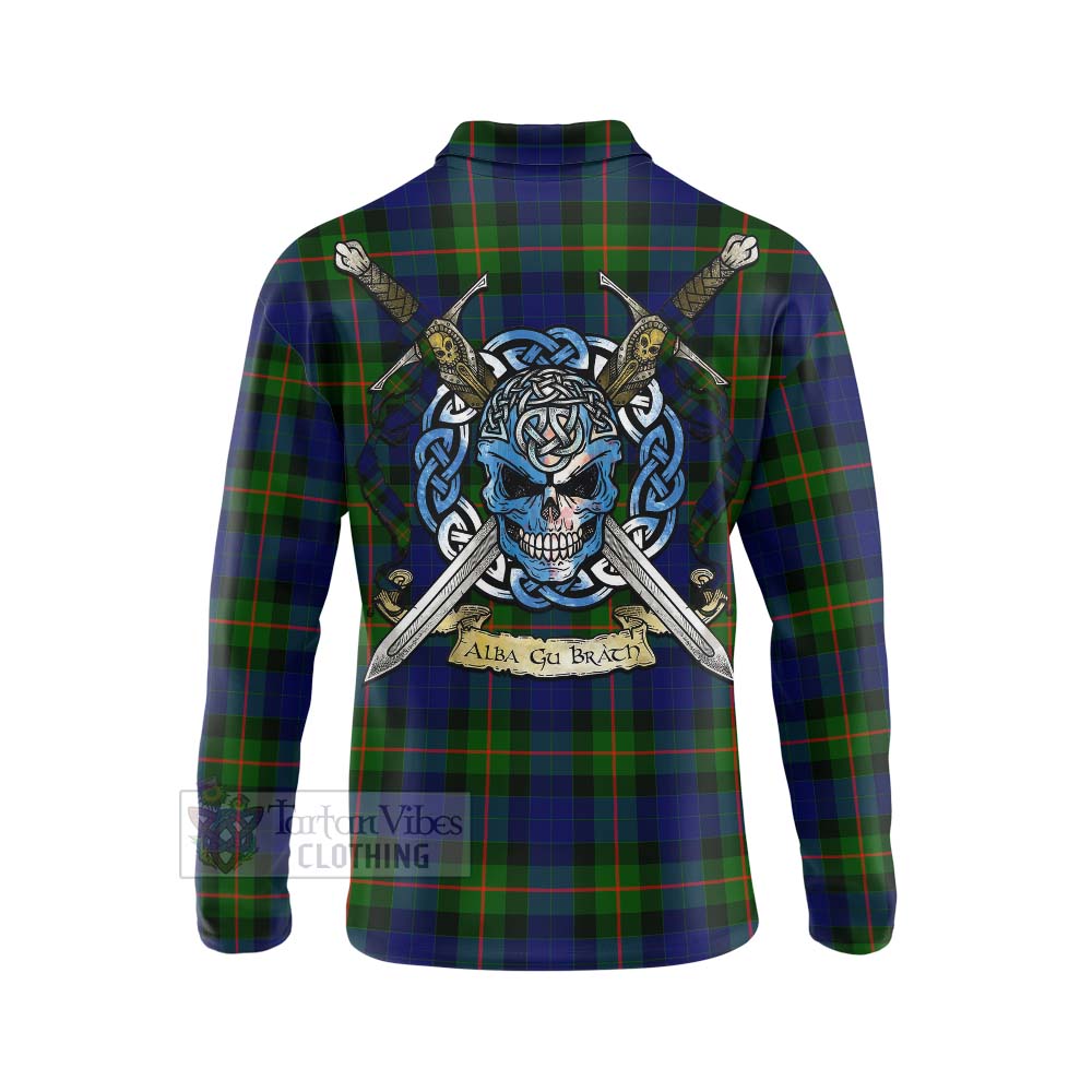 Jamieson Tartan Long Sleeve Polo Shirt with Family Crest Celtic Skull Style - Tartan Vibes Clothing
