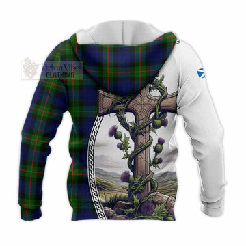 Jamieson Tartan Knitted Hoodie with Family Crest and St. Andrew's Cross Accented by Thistle Vines - Tartan Vibes Clothing