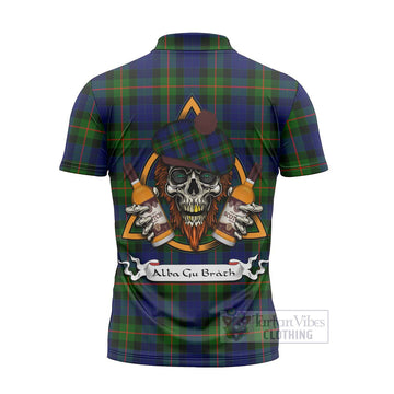 Jamieson Tartan Zipper Polo Shirt with Family Crest and Bearded Skull Holding Bottles of Whiskey - Tartan Vibes Clothing