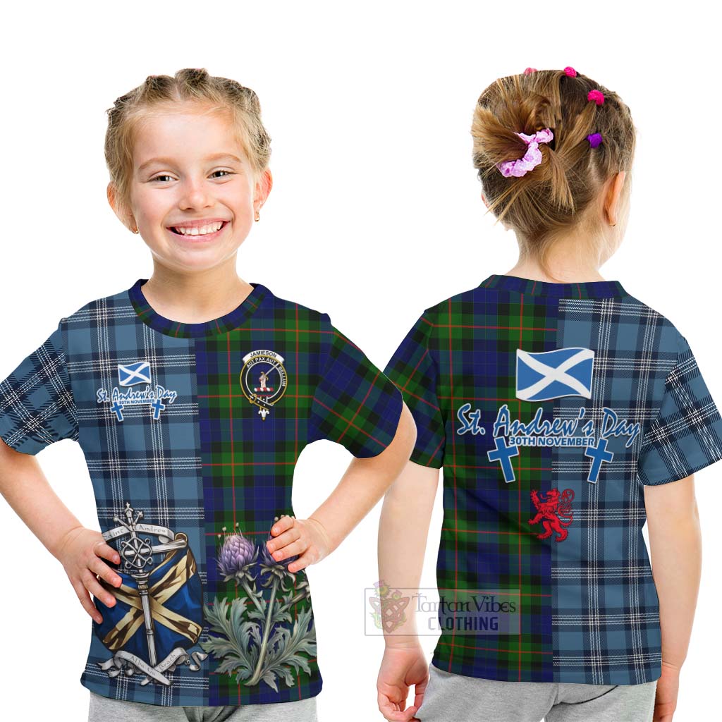 Jamieson Tartan Kid T-Shirt Happy St. Andrew's Day Half Tartan Style - Tartan Vibes Clothing