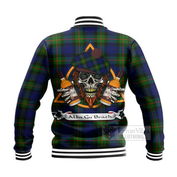 Jamieson Tartan Baseball Jacket with Family Crest and Bearded Skull Holding Bottles of Whiskey - Tartan Vibes Clothing
