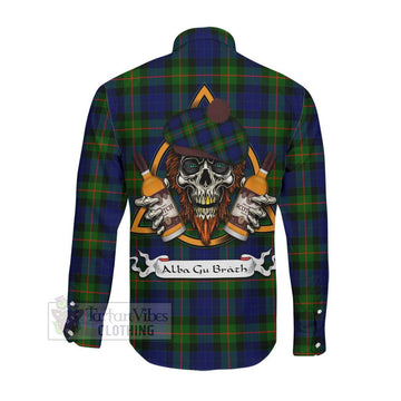 Jamieson Tartan Long Sleeve Button Shirt with Family Crest and Bearded Skull Holding Bottles of Whiskey Men's Shirt - Tartan Vibes Clothing