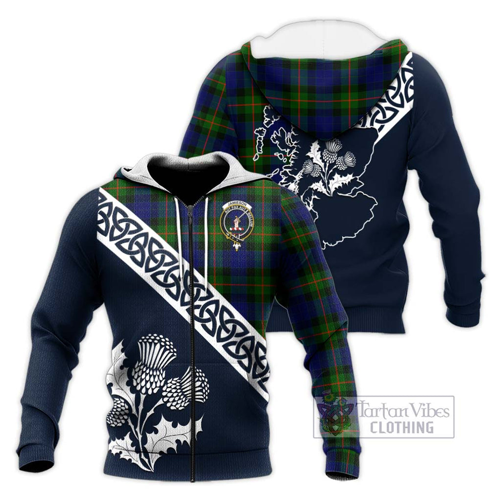 Jamieson Tartan Knitted Hoodie Featuring Thistle and Scotland Map Unisex Knitted Zip Hoodie - Tartan Vibes Clothing