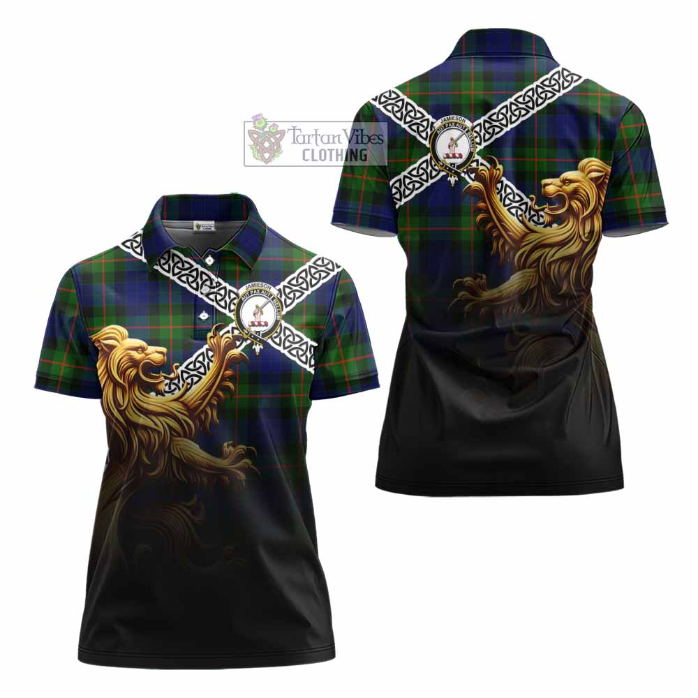 Jamieson Crest Tartan Women's Polo Shirt with Golden Lion Emblem Celtic Style - Tartan Vibes Clothing