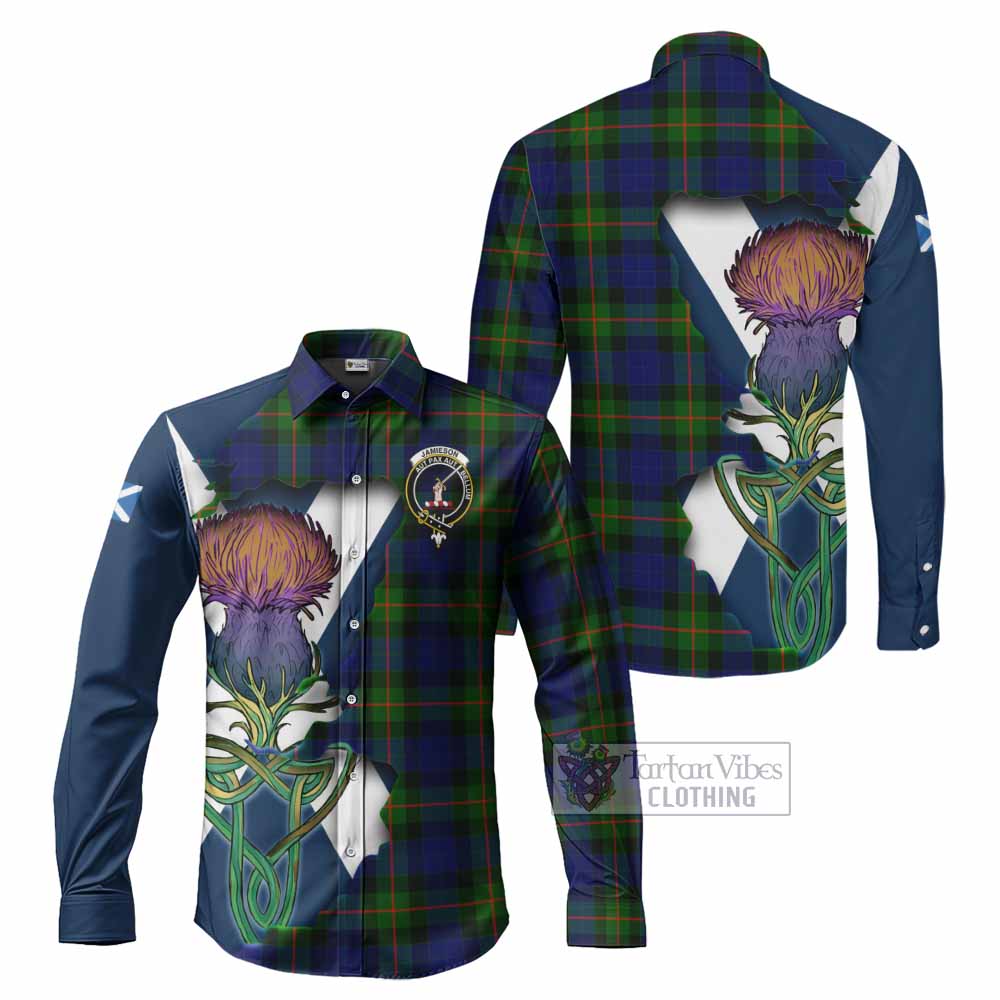 Jamieson Tartan Family Crest Long Sleeve Button Shirt Scottish Thistle Celtic Inspired - Tartan Vibes Clothing