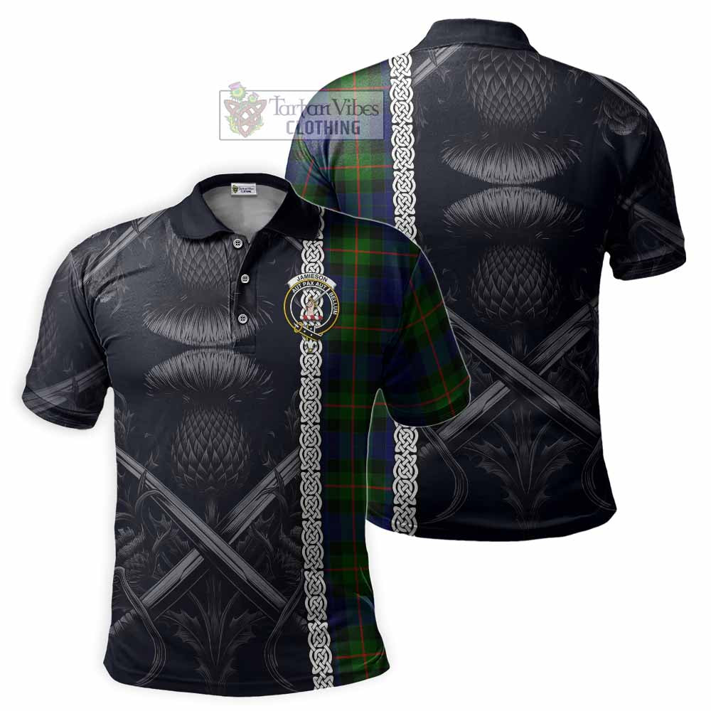 Jamieson Tartan Polo Shirt with Family Crest Cross Sword Thistle Celtic Vibes - Tartan Vibes Clothing