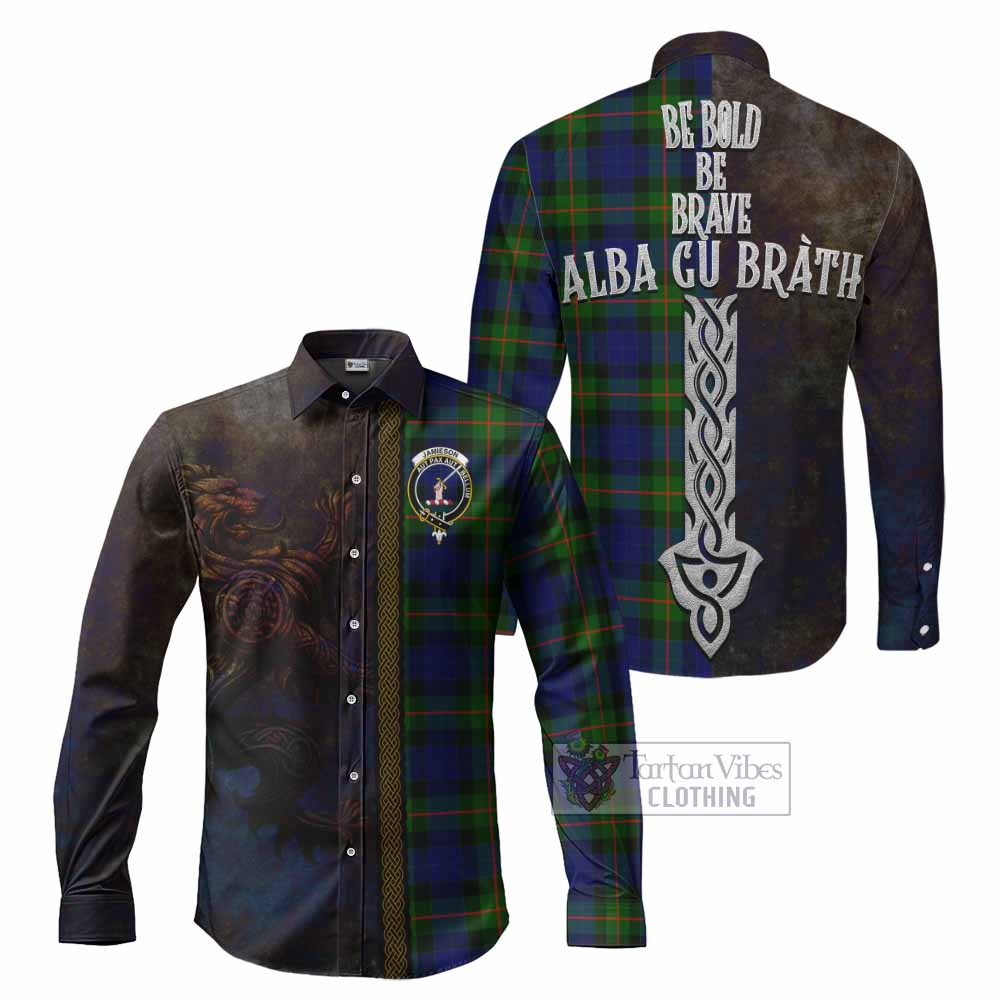 Jamieson Tartan Family Crest Long Sleeve Button Shirt Alba Gu Brath Be Brave Lion Ancient Style - Tartan Vibes Clothing