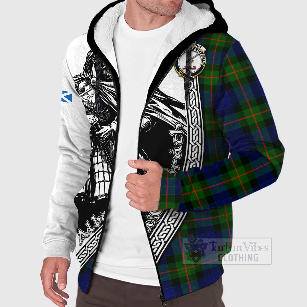 Jamieson Tartan Clan Crest Sherpa Hoodie with Highlander Warrior Celtic Style Unisex - Tartan Vibes Clothing
