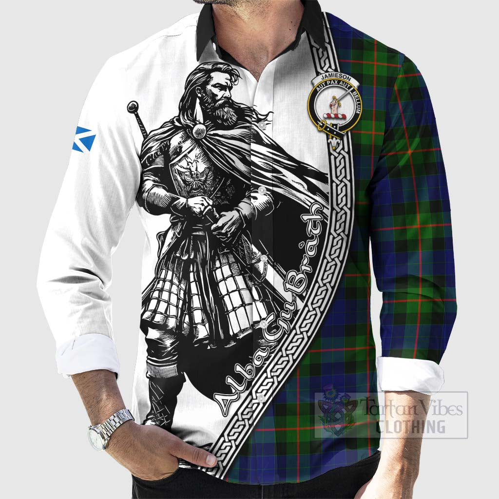 Jamieson Tartan Clan Crest Long Sleeve Button Shirt with Highlander Warrior Celtic Style - Tartan Vibes Clothing