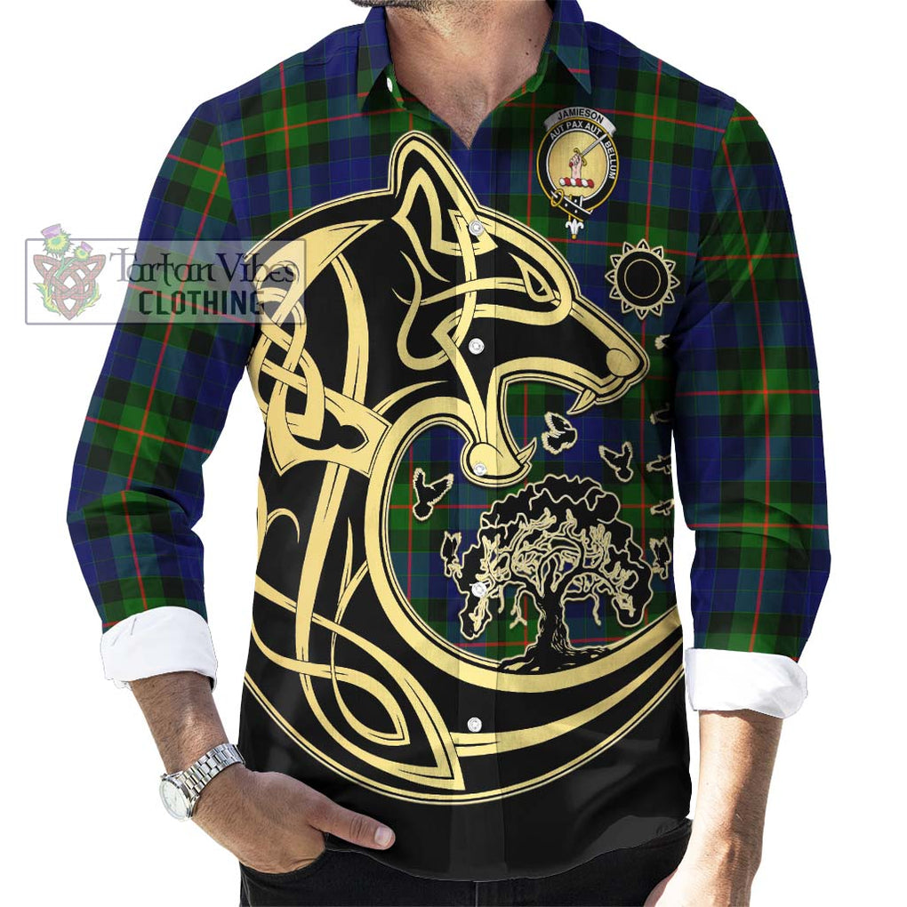 Jamieson Tartan Long Sleeve Button Shirt with Family Crest Celtic Wolf Style - Tartan Vibes Clothing