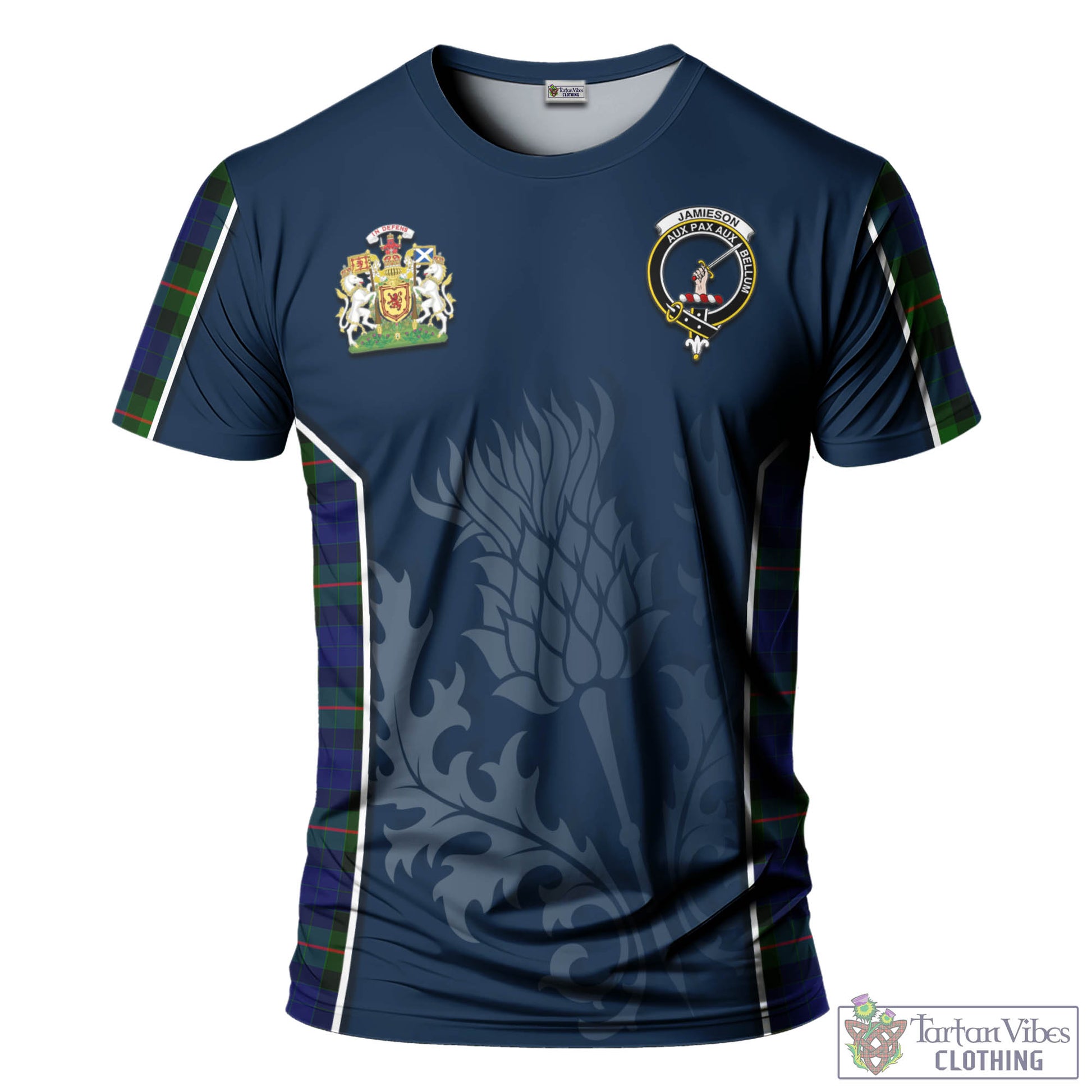 Tartan Vibes Clothing Jamieson Tartan T-Shirt with Family Crest and Scottish Thistle Vibes Sport Style