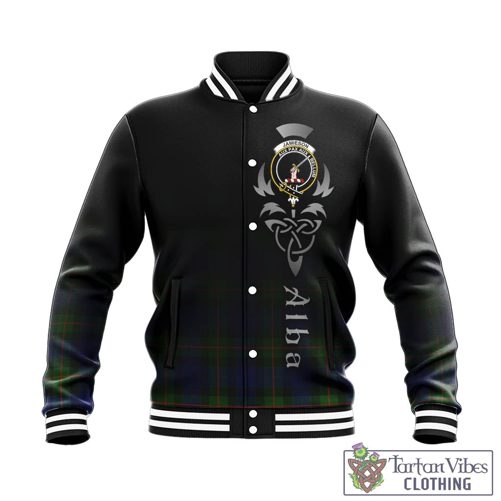 Jamieson Tartan Baseball Jacket Featuring Alba Gu Brath Family Crest Celtic Inspired - Tartan Vibes Clothing