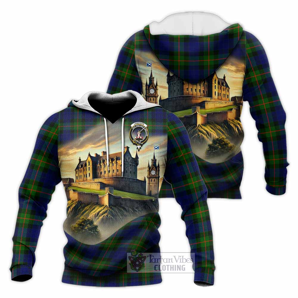 Jamieson Tartan Family Crest Knitted Hoodie with Scottish Ancient Castle Style - Tartan Vibes Clothing