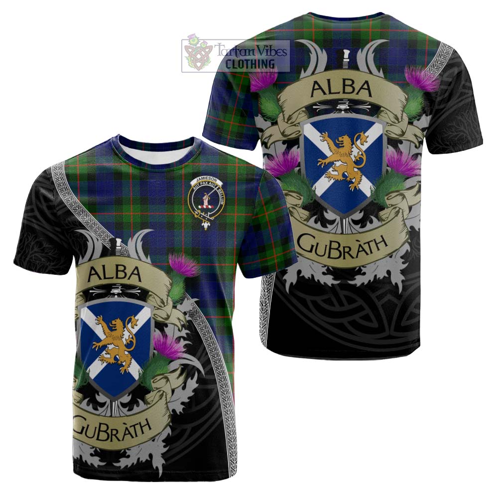 Tartan Vibes Clothing Jamieson Tartan Family Crest Cotton T-shirt Lion Rampant Royal Thistle Shield Celtic Inspired
