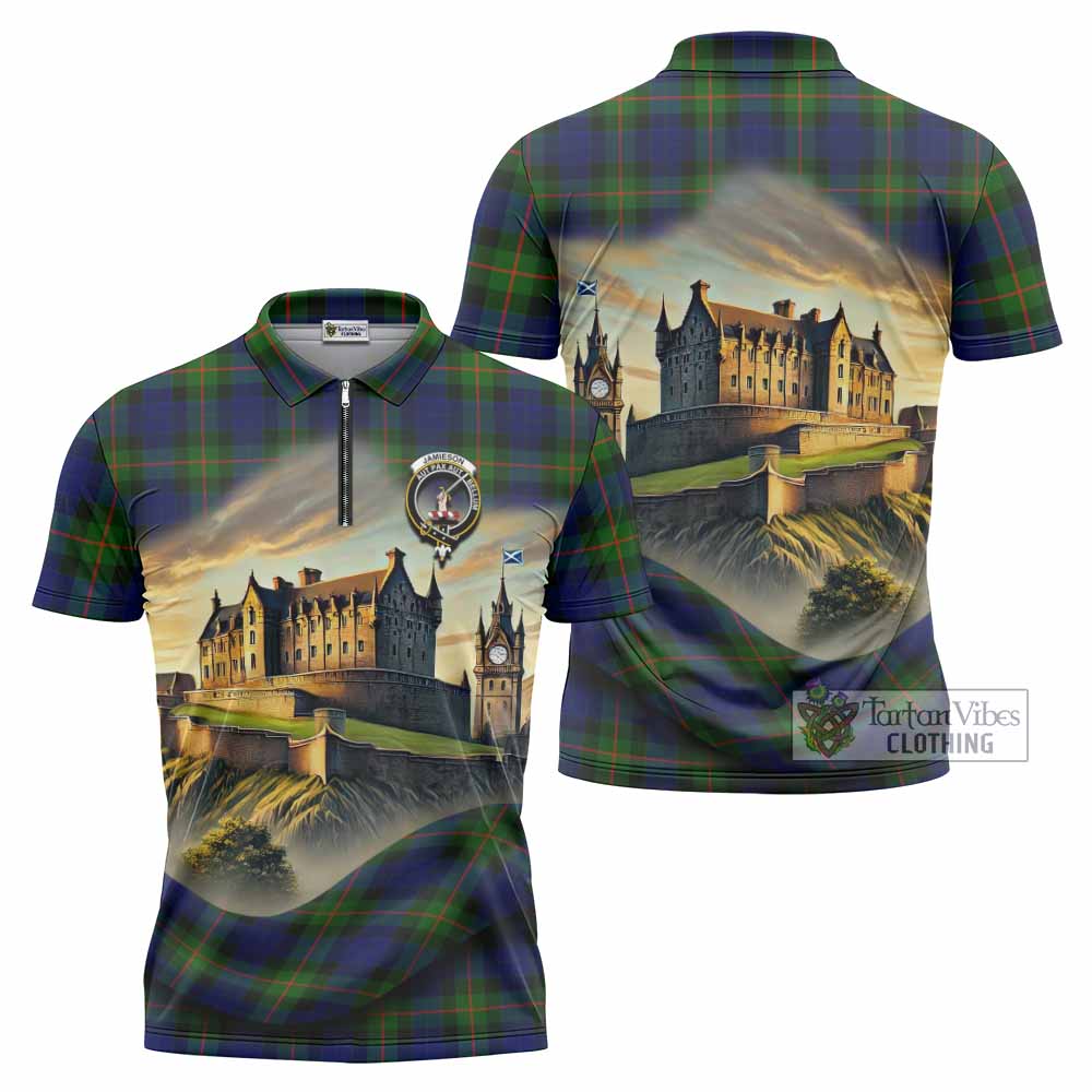 Jamieson Tartan Family Crest Zipper Polo Shirt with Scottish Ancient Castle Style - Tartan Vibes Clothing