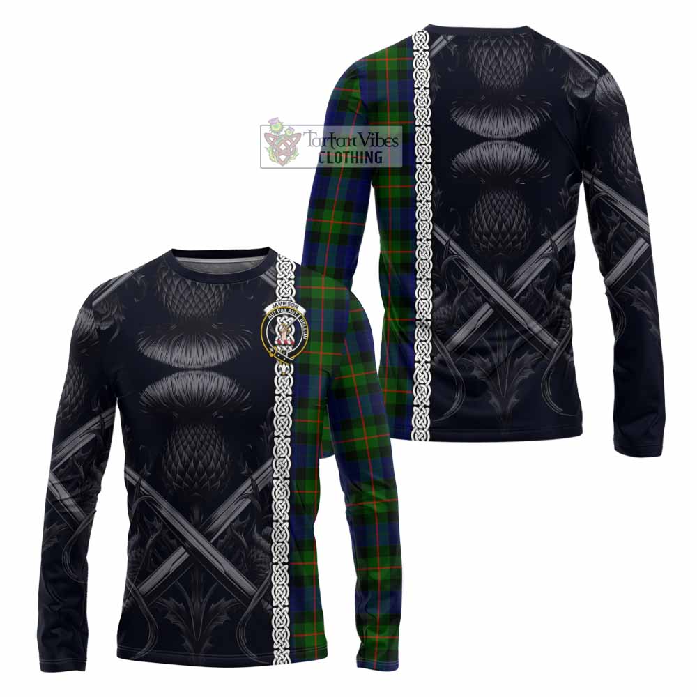 Jamieson Tartan Long Sleeve T-Shirt with Family Crest Cross Sword Thistle Celtic Vibes - Tartan Vibes Clothing