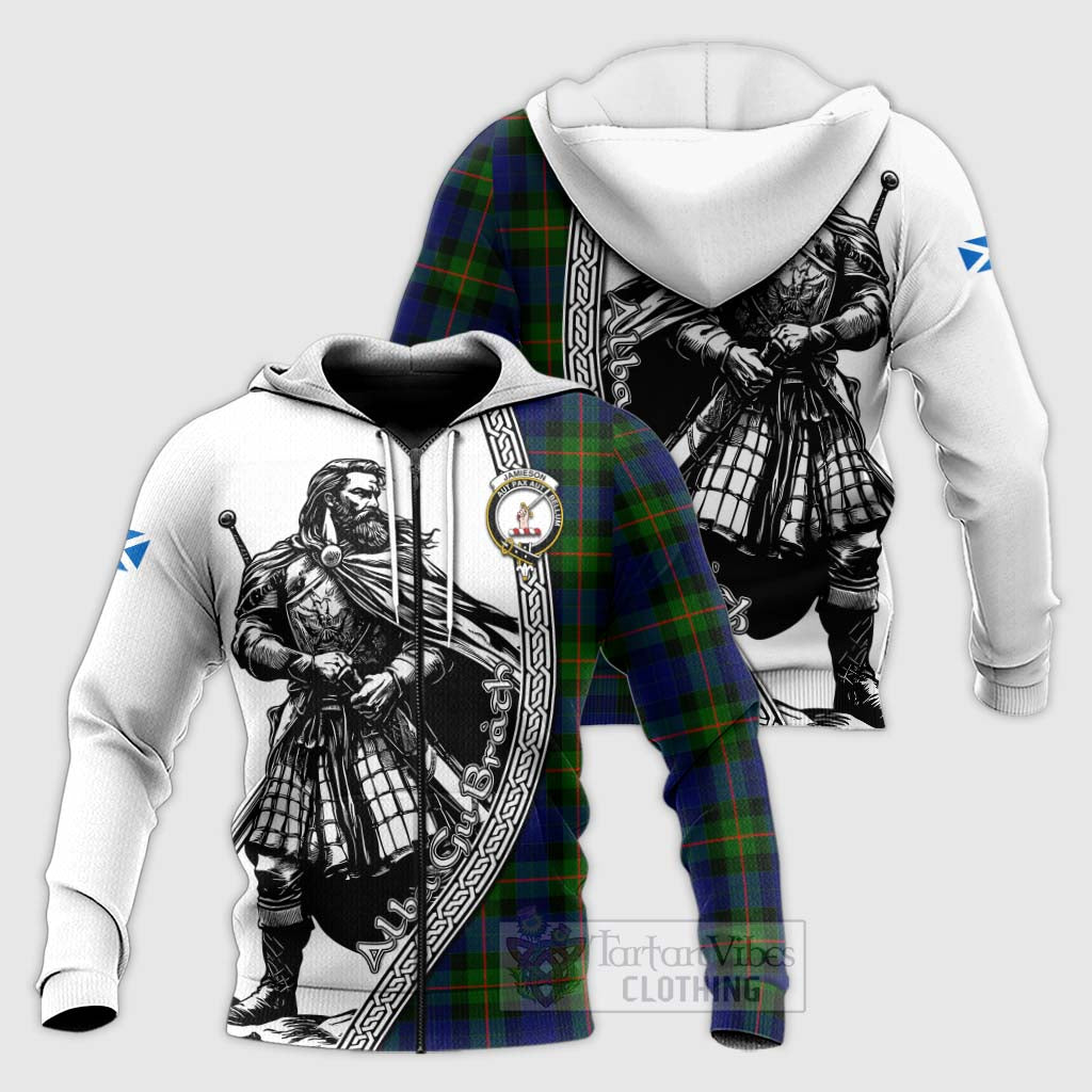 Jamieson Tartan Clan Crest Knitted Hoodie with Highlander Warrior Celtic Style Unisex Knitted Zip Hoodie - Tartan Vibes Clothing